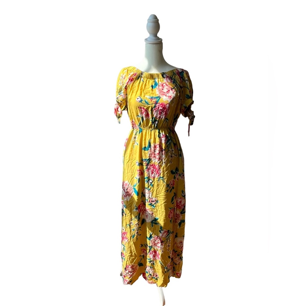 Band of Gypsies Maxi Dress Yellow Floral Pockets Bow Detail Size Medium EUC